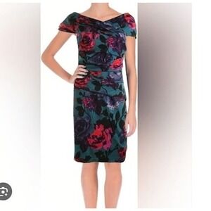 Adrianna Papell Floral Midi Dress Gathered Ponte Teal Pink Purple‎ Size 12